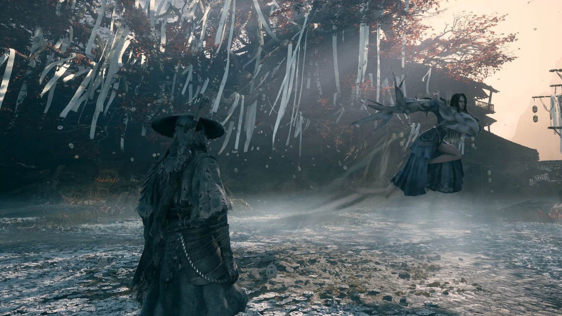 Soul standing before a floating spirit in a shrine grove