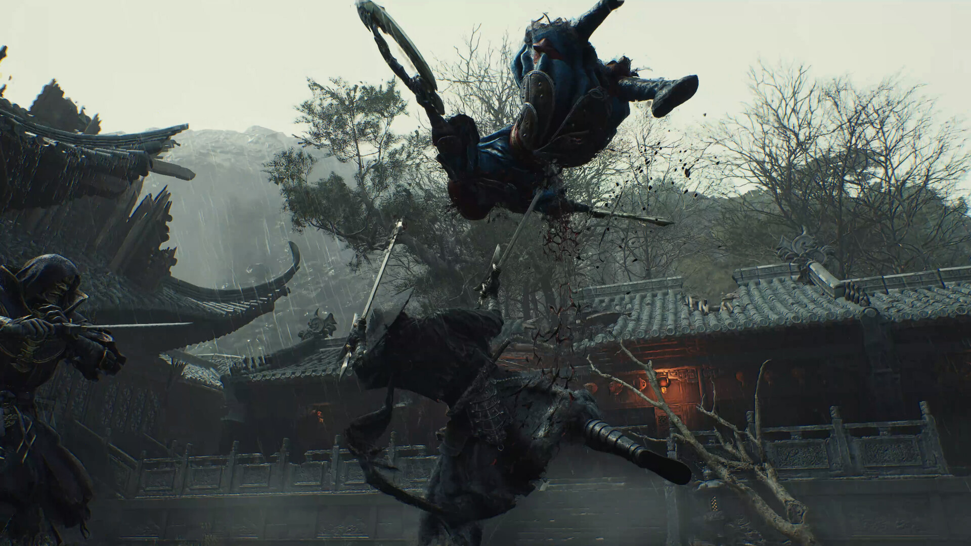 Phantom Blade Zero courtyard fight: Soul cuts down a leaping enemy in the rain