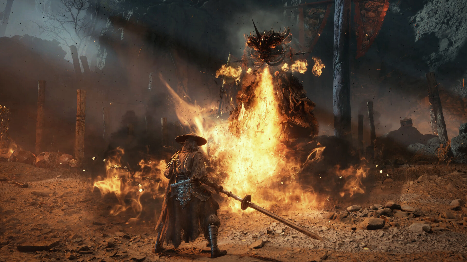 Soul facing a burning lion-headed spirit in a firelit yard
