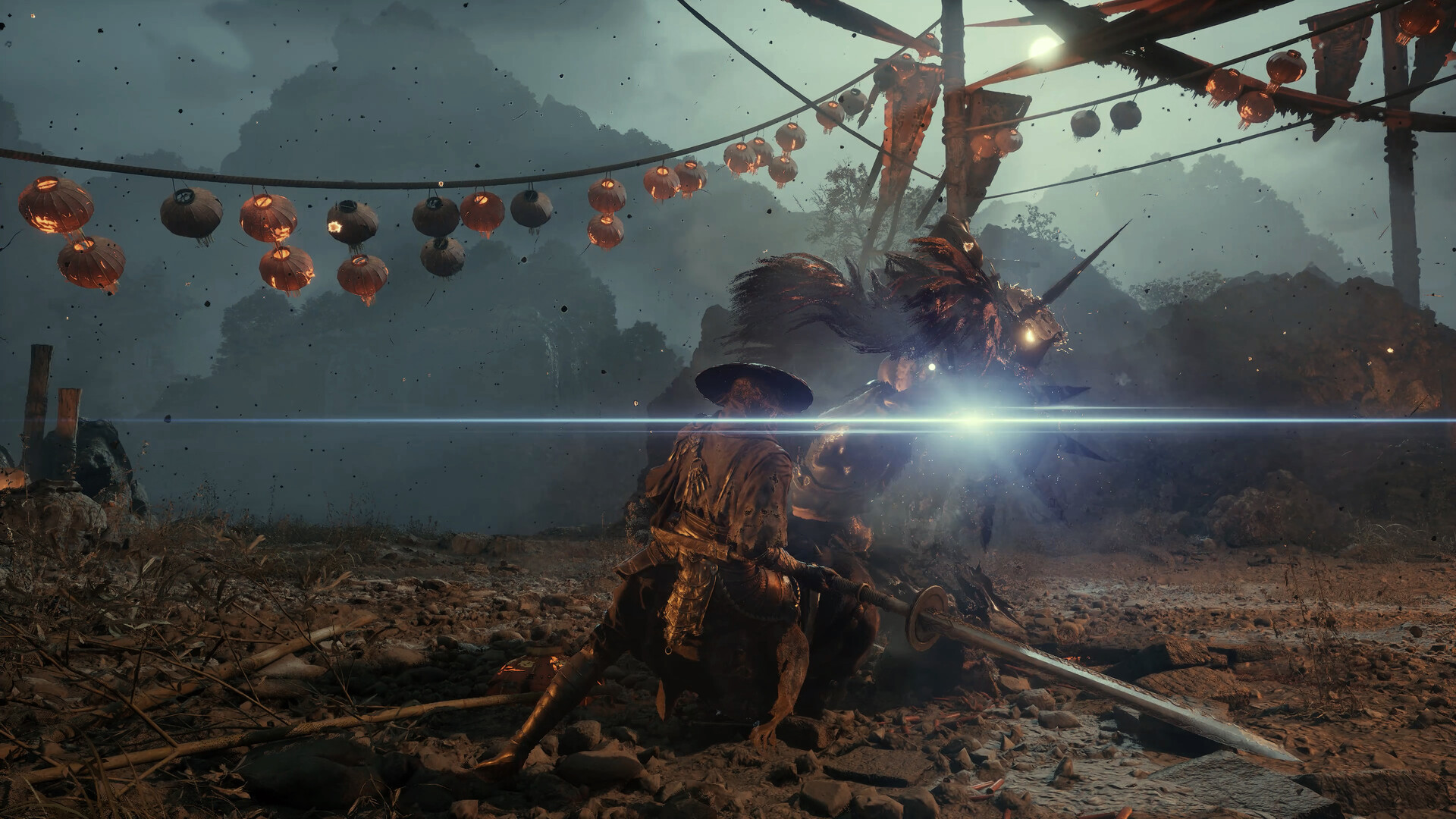 Soul answering a heavy enemy strike under hanging lanterns