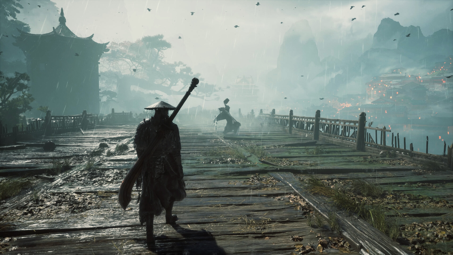Aerial strike over a river brute during a Phantom Blade Zero fight