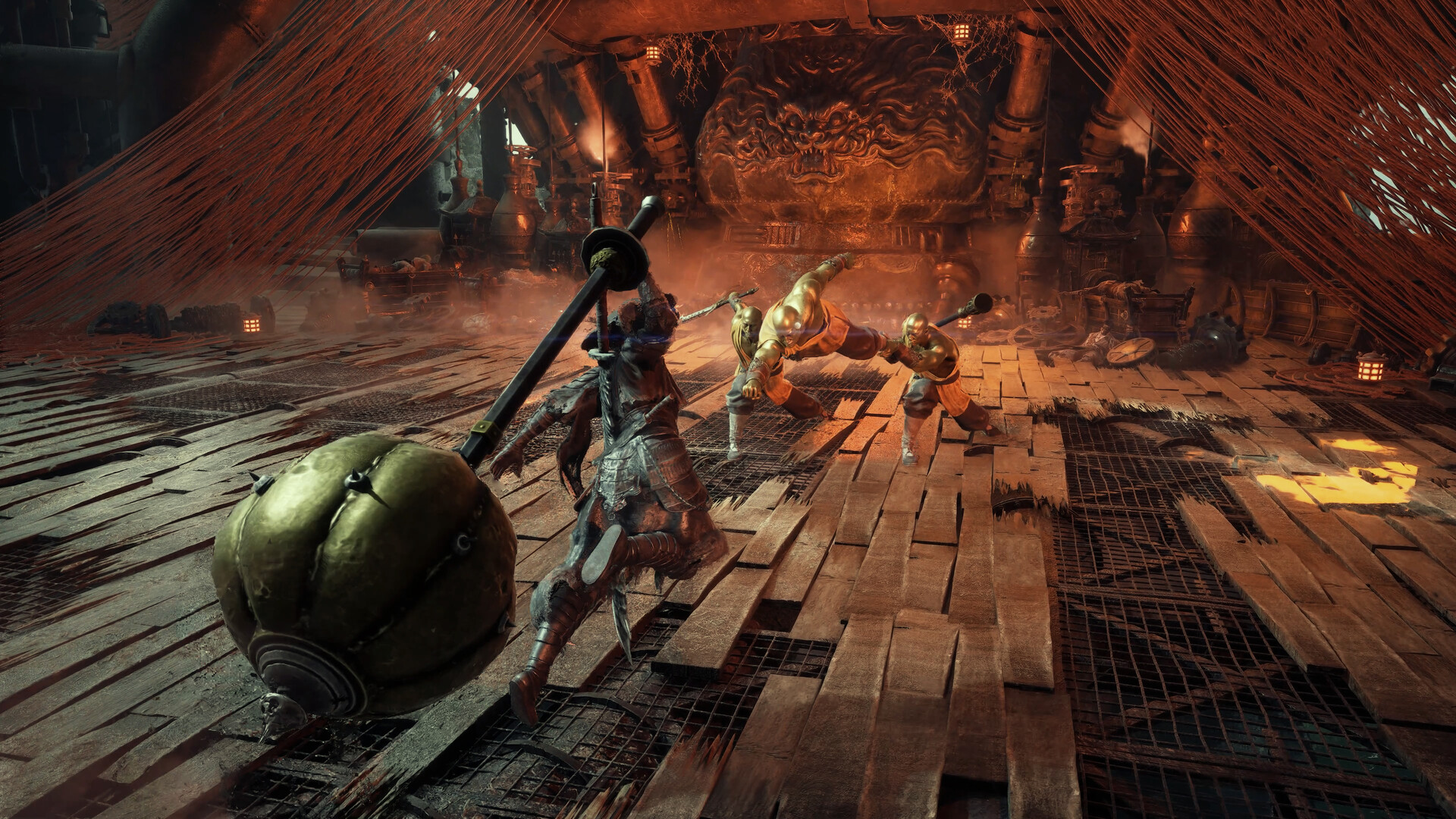 Soul walking a rain-soaked wooden bridge toward a distant fighter
